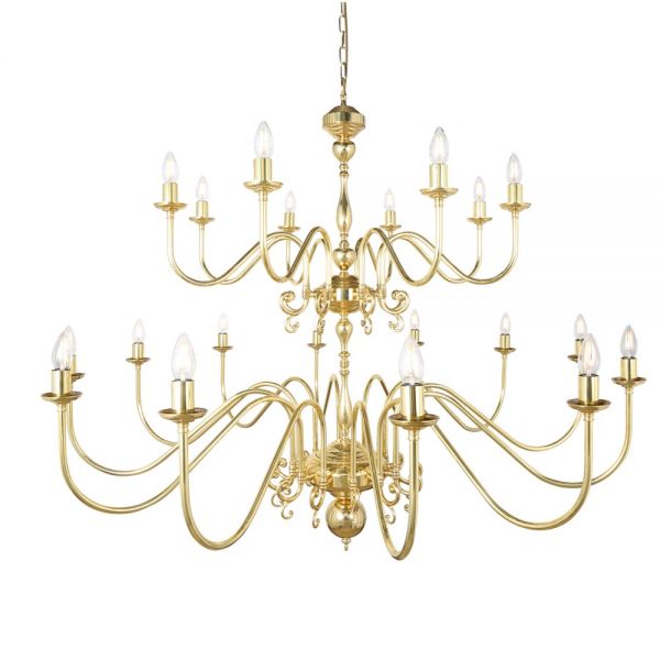 Flemish Candle-Style Brass Two-Tier Chandelier, 20-Light